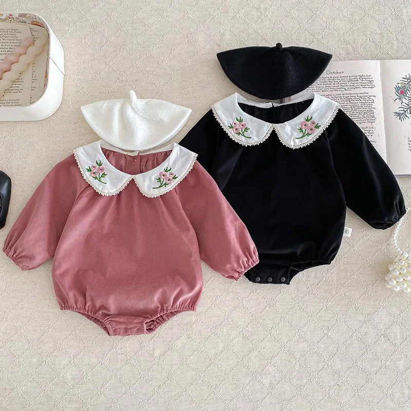 

2024 New Spring Infant Baby Girl Bodysuits Long Sleeved Corduroy Embroidery Newborn Baby Girl Jumpsuit 0-24M Baby Girl Clothing