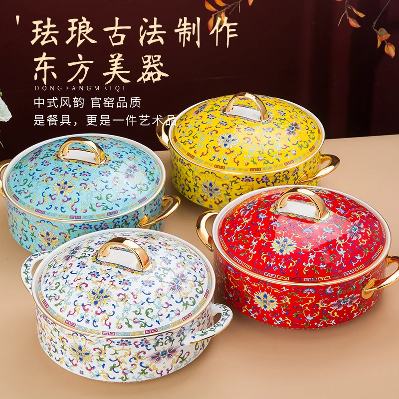 Chinese Vintage Large Enamel Soup Bowl with Lid Salad Bowls for Serving with Handle round Ceramic Soup Plate Household