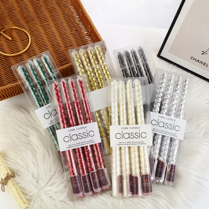4pcs Colorful Threaded Long Pole Candle Paraffin Wax Material Smokeless for Home Wedding Party Decoration Candlelight Dinner
