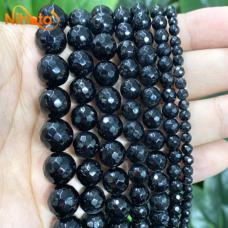 Natural Faceted Black Agates Round Loose Beads for Jewelry Making Charms Bracelet Accessories 15'' Strand 4/6/8/10/12/14/16mm