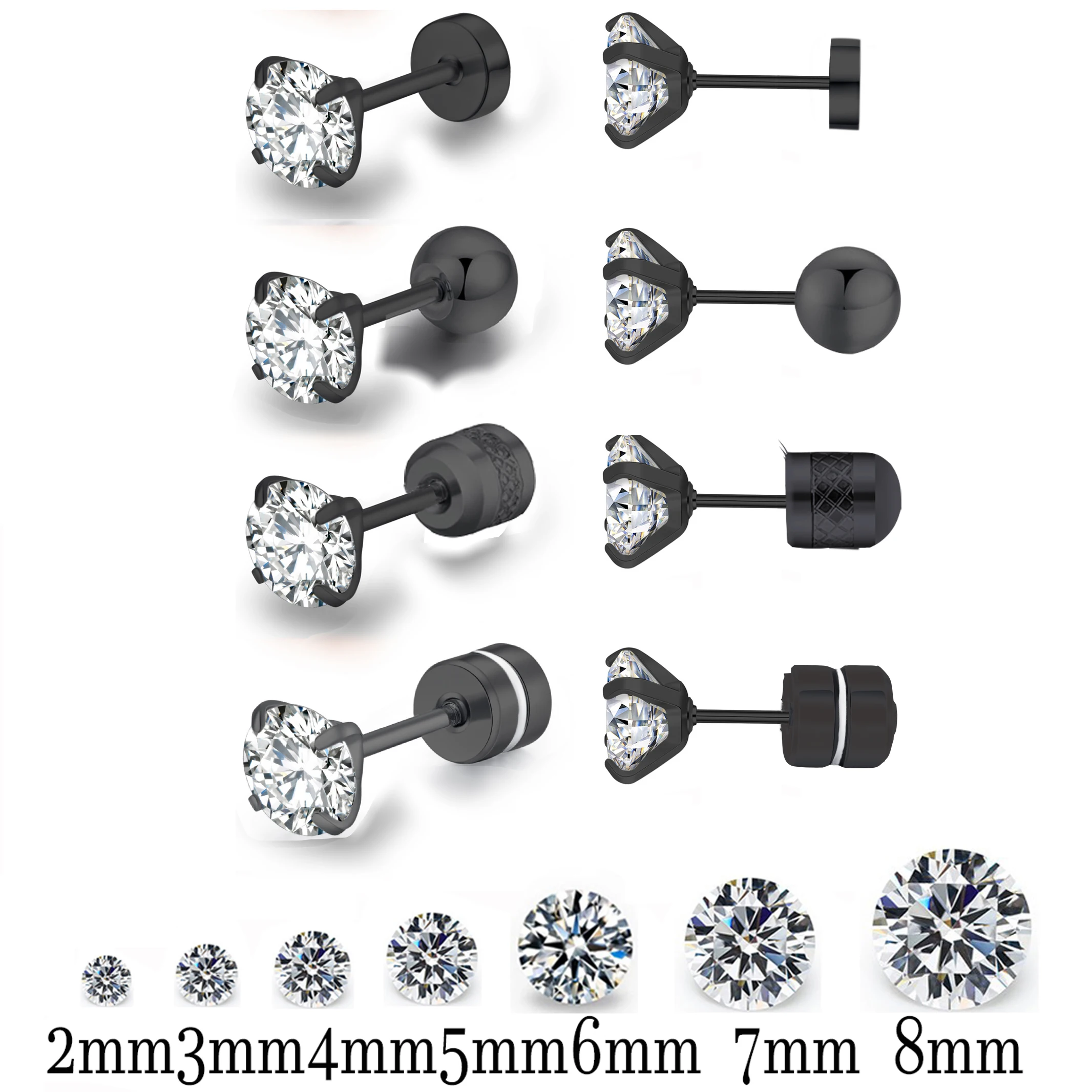 Black Top Stainless steel Unisex Women Men Round Crystal Zircon Ear Studs Earrings Piercings Fashion non-allergic Jewelry