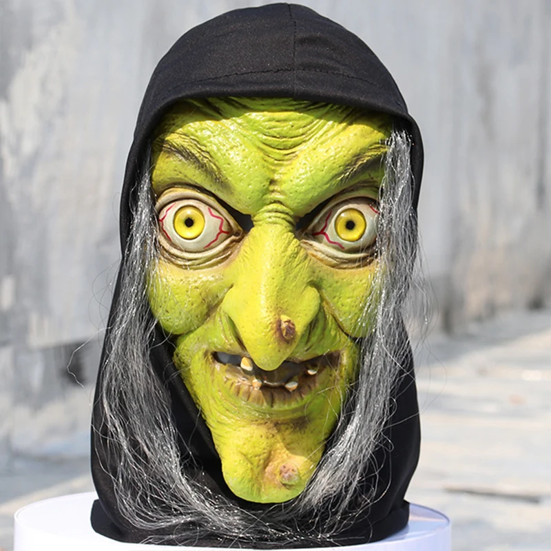 

Horror Old Witch Mask Halloween Green Face Latex with Hair Fancy Dress Grimace Party Costume Cosplay Masks Props Adult One size