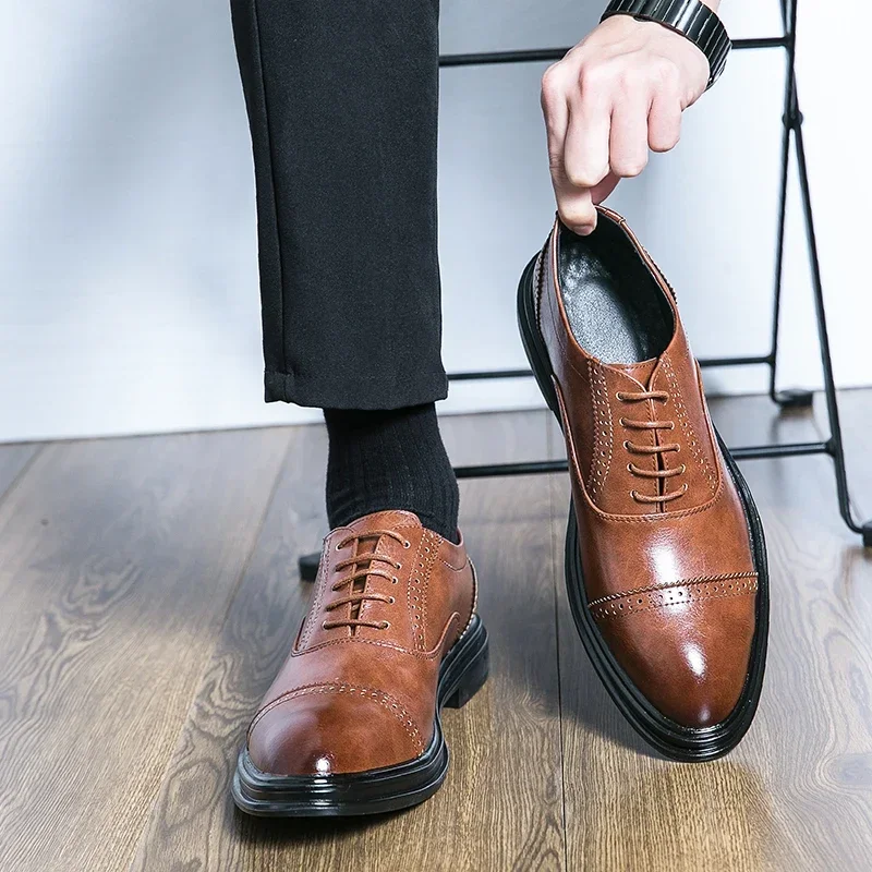 New Black Men Derby Shoes Brown Round Toe Lace-up Party Men's Formal Shoes Pu Leather  Size 38-46 Men Dress Shoes