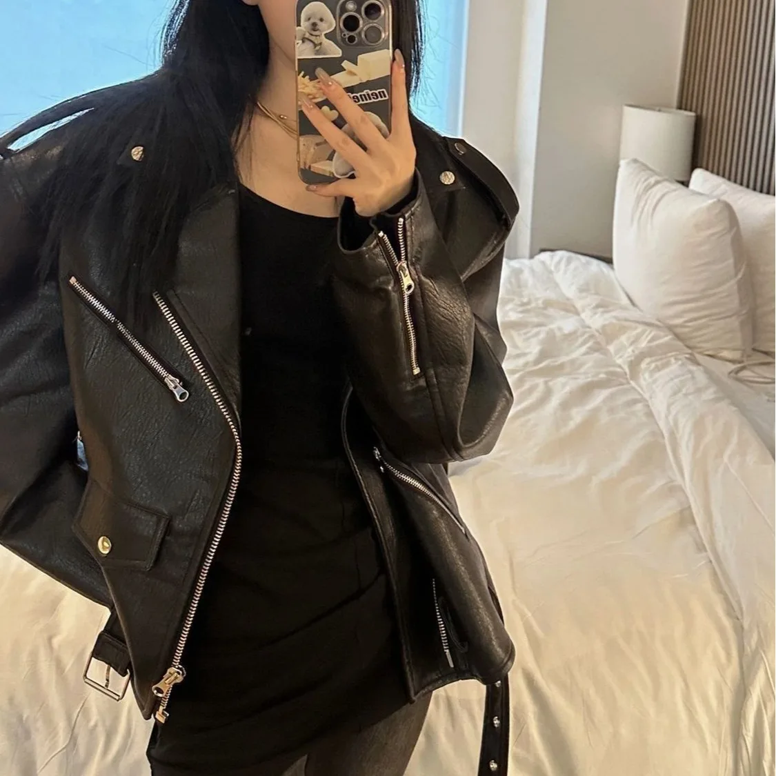 Medium Length Leather Jacket Women's Pre-autumn Biker Leather Jacket Jacket