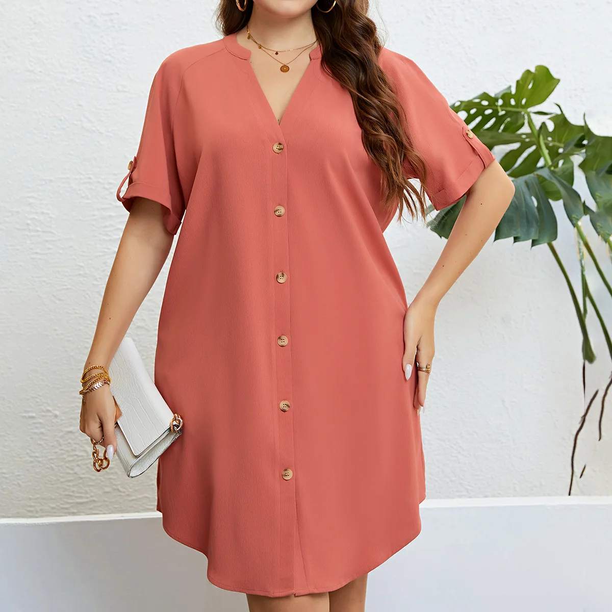 Plus Size Shirt Dress Short Sleeve Solid Orange Dress Oversized Women Clothing Short Dress Casual V Neck