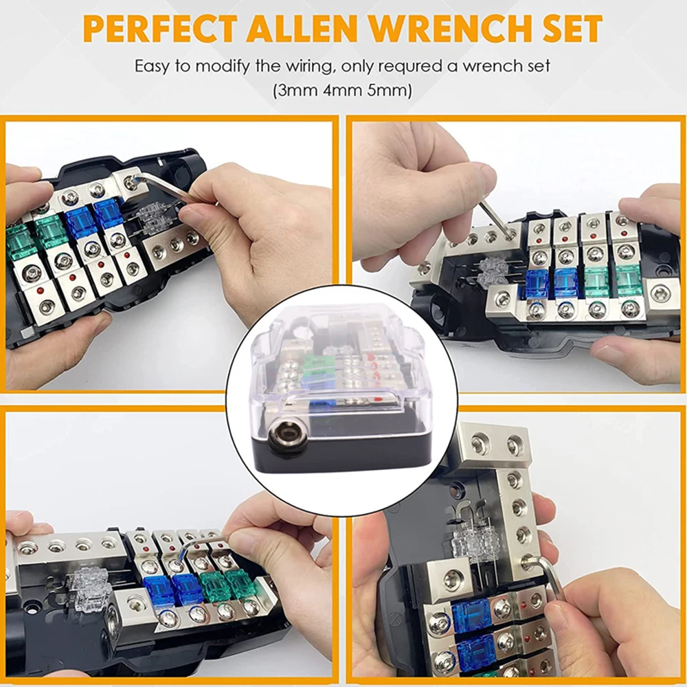 Блок предохранителей для распределения звука автомобиля с заземляющим мини-предохранителем распределительный блок 0/4GA 4-ходовые предохранители держатель усилитель красный индикатор