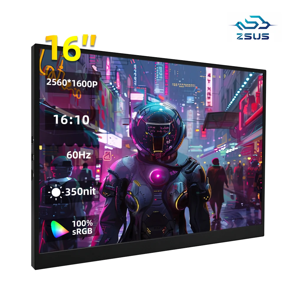 شاشة ZSUS مقاس 16 بوصة 2K محمولة 100% sRGB 1600P IPS شاشة عرض كمبيوتر ألعاب للسفر لمفتاح الكمبيوتر المحمول على سطح البخار PS4 PS5 Xbox