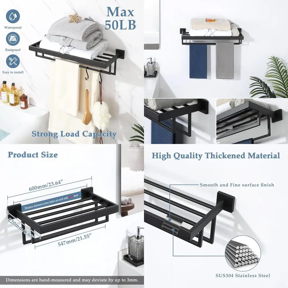 

24 Double Bar Wall-Mounted Towel Rack, Matte Black SUS 304 Stainless Steel Bathroom Shelf