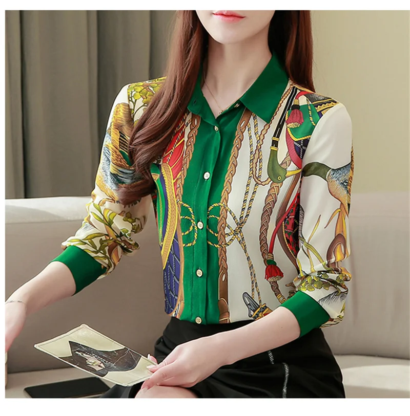 FANIECES S-3XL ropa de mujer Green Print Retro Shirt Women Blouse Elegant Spring Polo Long Sleeve Single Breasted Office 6112