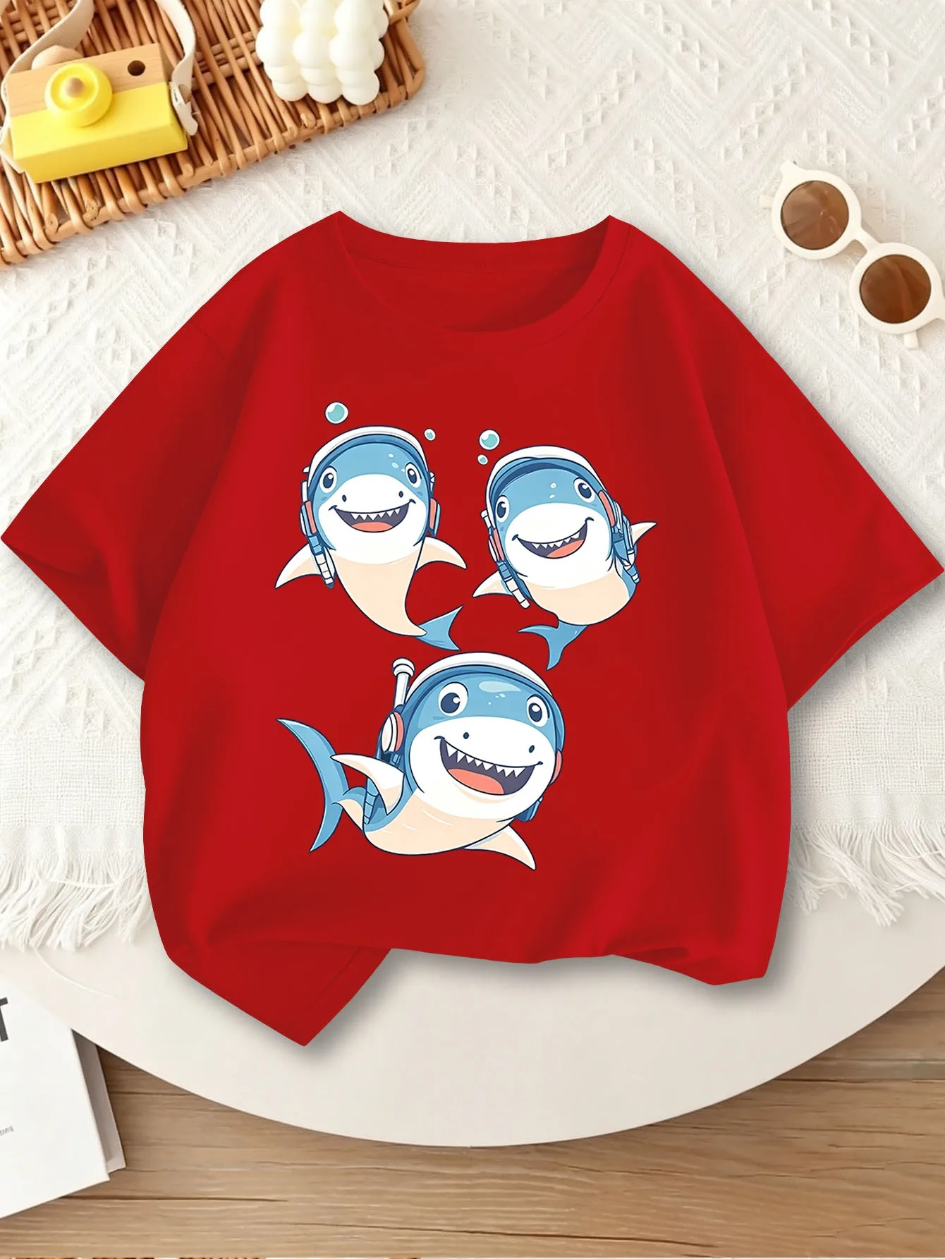 Diving Shark Cartoon Print Boys Girls T Shirt Marine Animal Kids Tee Parent Child Matching Casual Summer Family Daily Tops