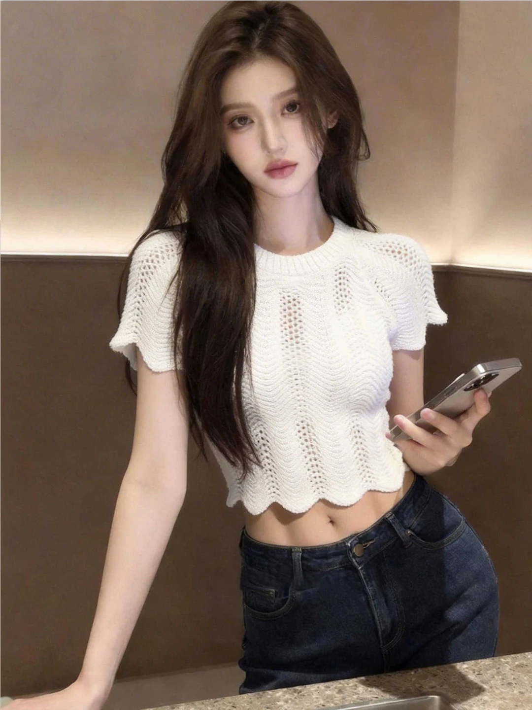 

Spicy Girl Style White Hollow out Knitted Short Sleeve T-Shirt Women's 2026 New Summer Short Design Sense Top Casual Style