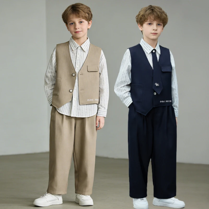 

Boys Letter Embroidery Vest Suit Set School Kids Formal Outfit Striped Shirt Tie Wide Leg Pants for Wedding Party Stage Show 8 Y