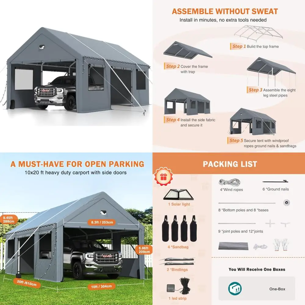 

Сверхмощный навес для автомобиля 10x20 с боковыми дверцами доступа, портативный уличный автомобильный навес для защиты от любых погодных условий, серый
