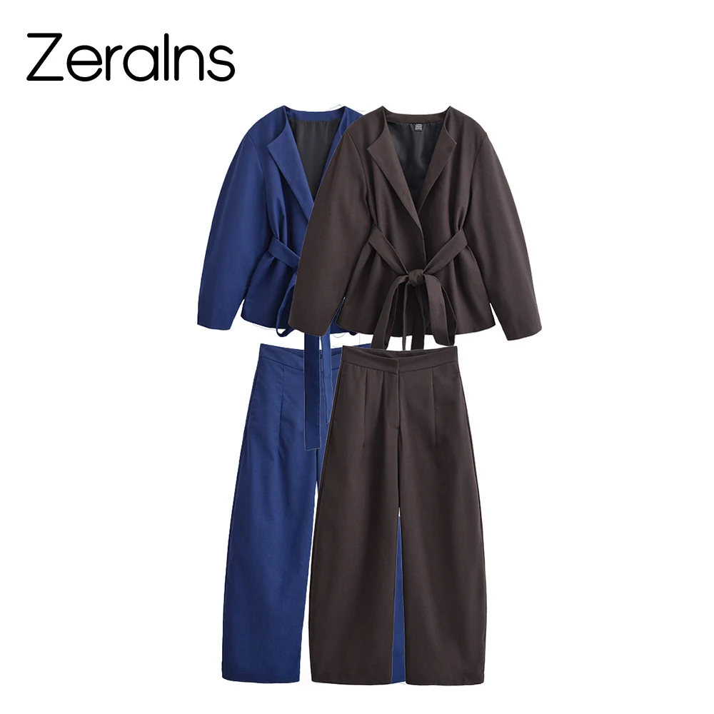 ZERAINS Herbst frauen neue leinen mischung mit taille gürtel rundhals kimono stil oberbekleidung ballon taille lange hosen set