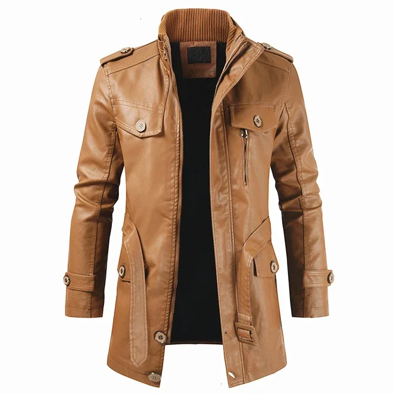 Men Winter Casual Long Warm Fleece PU Leather Jacket Coat Men Outwear Brand Thick Punk Motor Vintage Leather Jackets Men