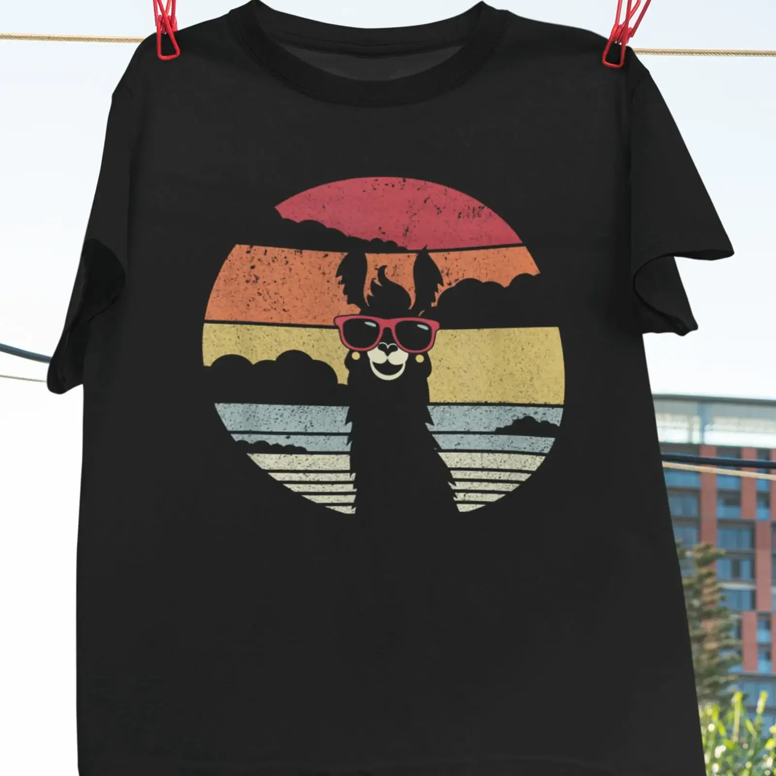 Retro Vintage Sunset Sunglasses Llama Alpaca T Shirt Funny Casual for Lovers vintage Washed Top For Everyday Wear graphic