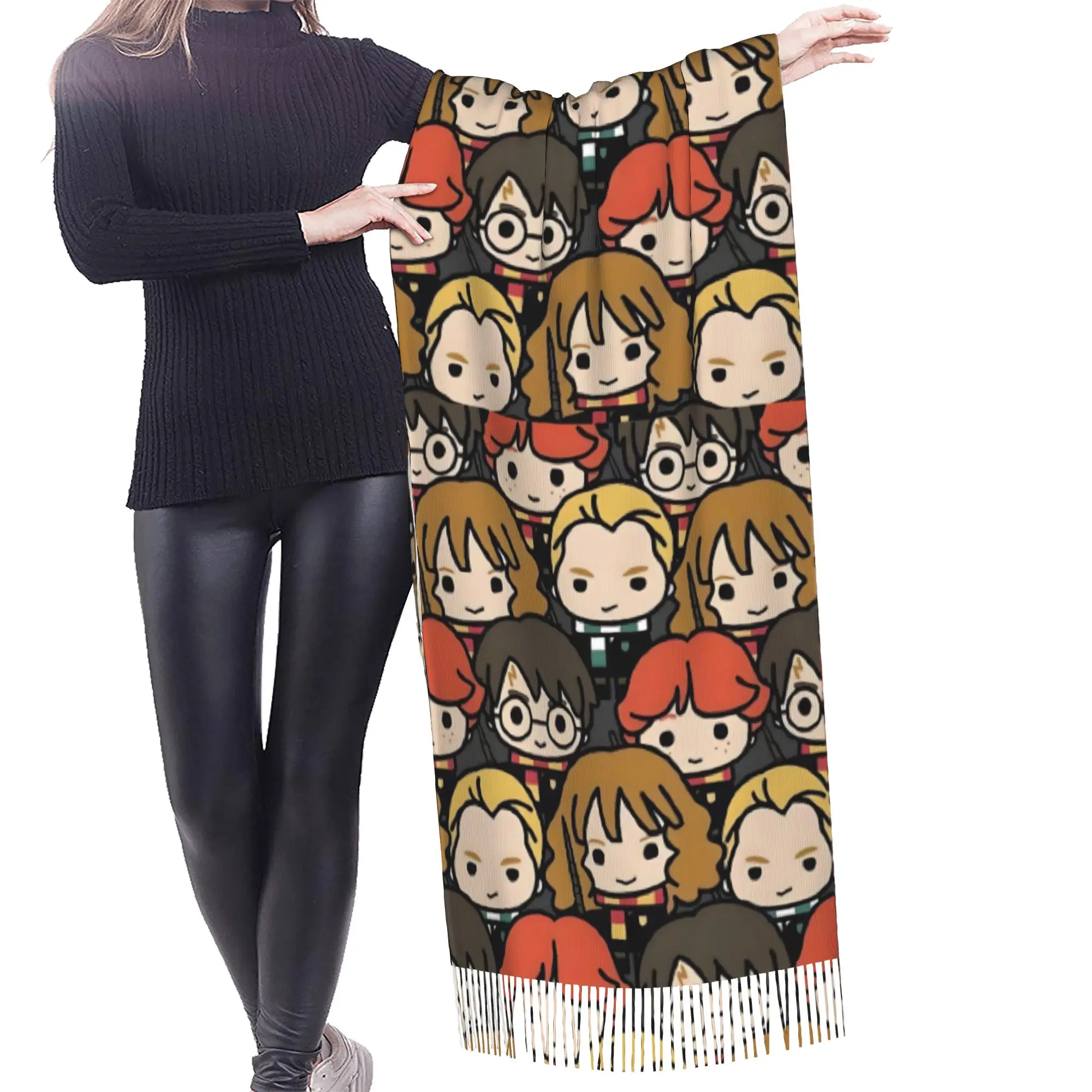 Custom Lady Long Halloween H-Harryed Scarves Women Winter Fall Thick Warm Tassel Shawl Wraps Magic School Spooky Scarf