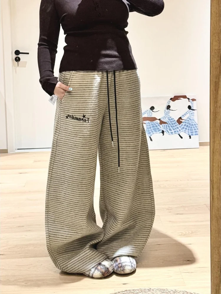 

Женские спортивные брюки с высокой талией, на флисовой подкладке, в полоску, свободные, широкие, повседневные, осенне-зимние, новые, комфортные, хорошо сидящие