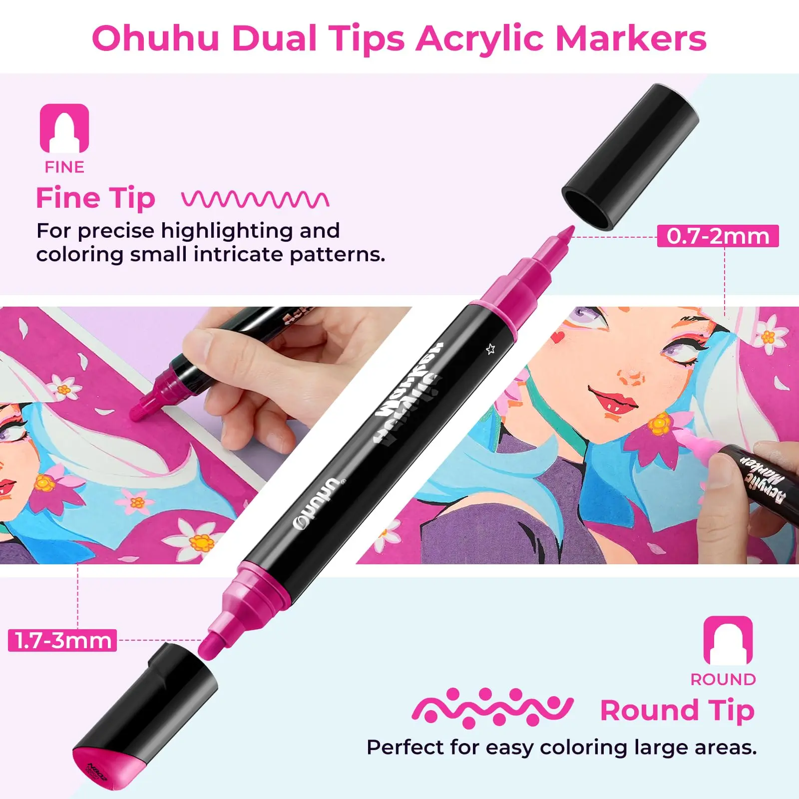 Ohuhu Acrylic Paint Pens 30 Colors Dual Tips Acrylic Markers High Opacity Paint Markers Waterproof Lightfast for Rock Painting