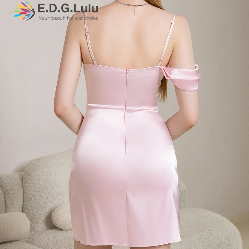 EDGLuLu ملابس مثيرة للنساء بدون حمالات بكتف واحد فساتين من الساتان الوردي بدون أكمام بدون ظهر فستان حفلات صغير 1114 #4