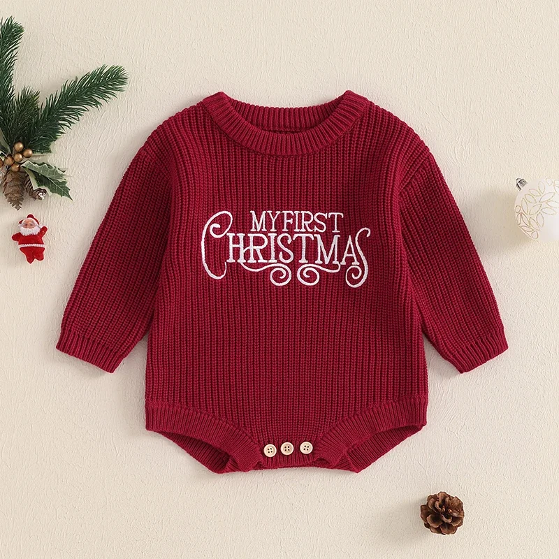 Newborn Christmas Autumn Winter Rompers Baby Boys Girls Letter Embroidery O-neck Long Sleeve Knitted Sweaters Rompers