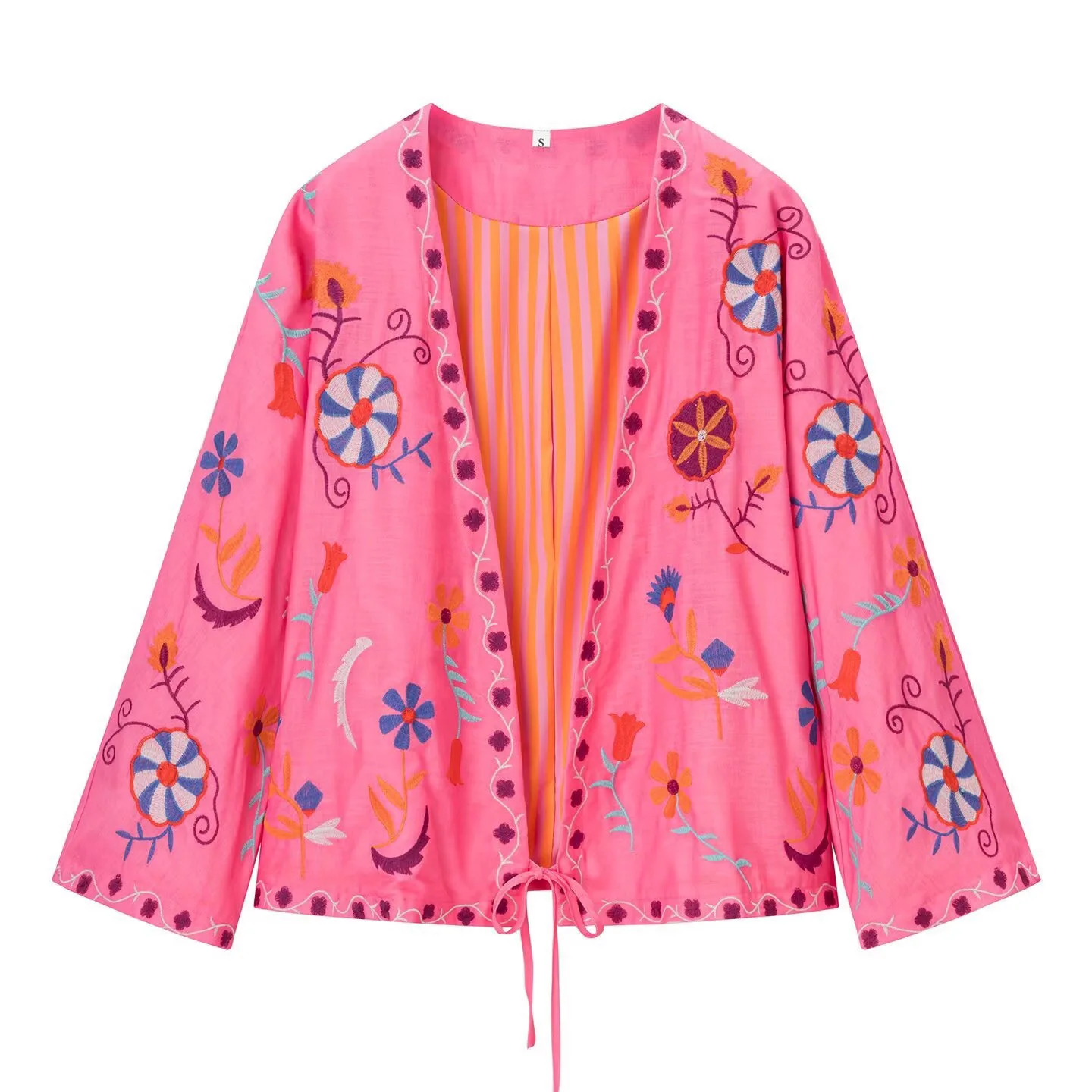 

Colorful Floral Embroidery Open Front Jacket Long Flare Sleeve Tie Hem Pink Loose Short Cardigan Casual Women Outerwear 20260602