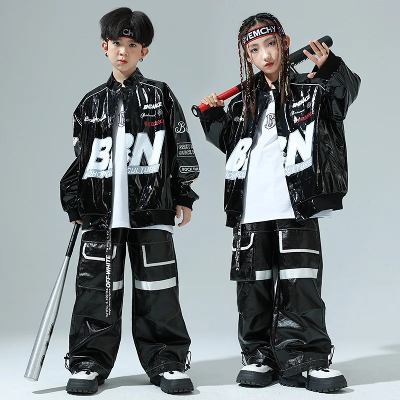 Kid Cool Hip Hop Clothing Black PU Letters Print Motorcycle Jacket Casual Wide Pockets Pants for Girl Boy Dance Costume Clothes