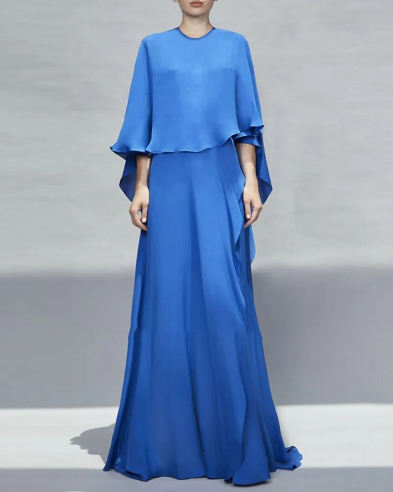 Abiti da sera blu moda 2023 o-collo manica lunga volant abiti da ballo formali in Chiffon stile celebrità abito arabo De Soirée