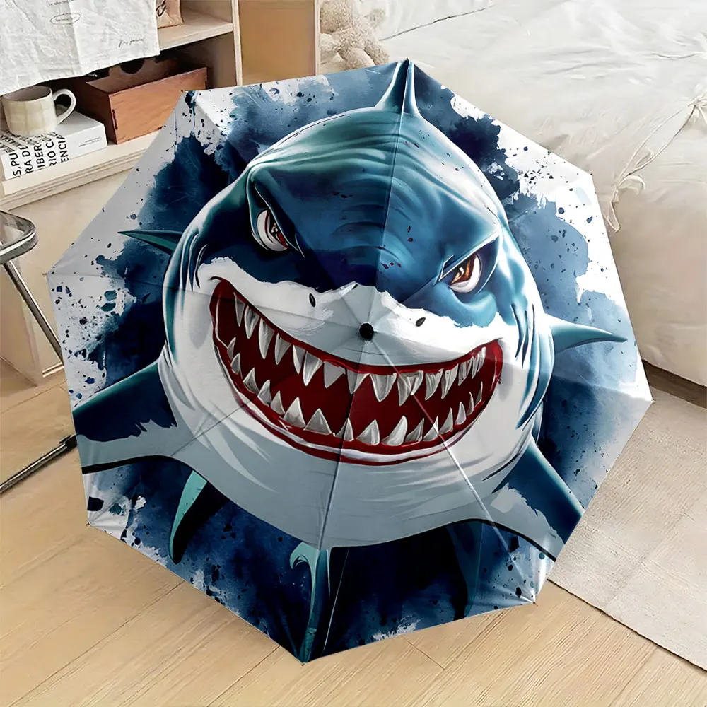 1PC Shark-Themed Umbrella for Bold Style Lovers Print 8 Iron Ribs Folding Umbrella Auto-Open Fashion Sunshade