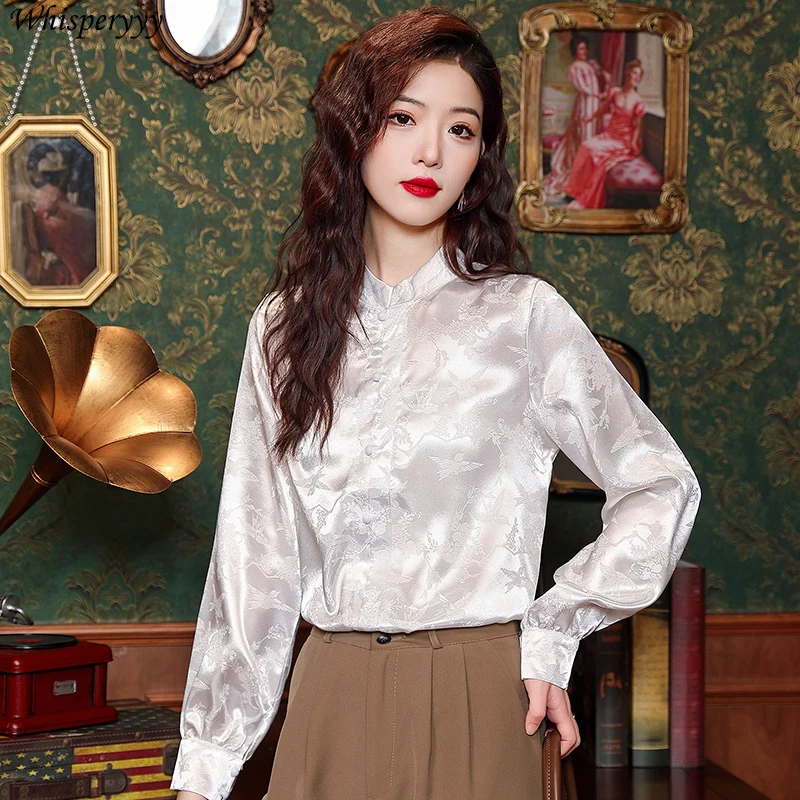Retro Stand-up Collar Satin Long-sleeved Shirt Women's Casual Blusas De Elegantes Spring Autumn New Cheongsam Style Tops Female
