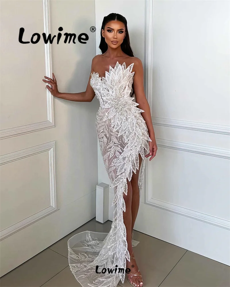 Arabic Evening Dresses Engagement Gowns 5D Leaf Crystals Ivory White Mermaid Long Prom Dress Wedding Party Gowns Robe De Soiree