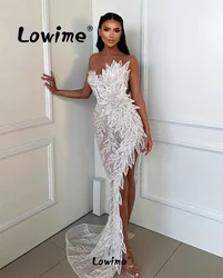 Arabic Evening Dresses Engagement Gowns 5D Leaf Crystals Ivory White Mermaid Long Prom Dress Wedding Party Gowns Robe De Soiree