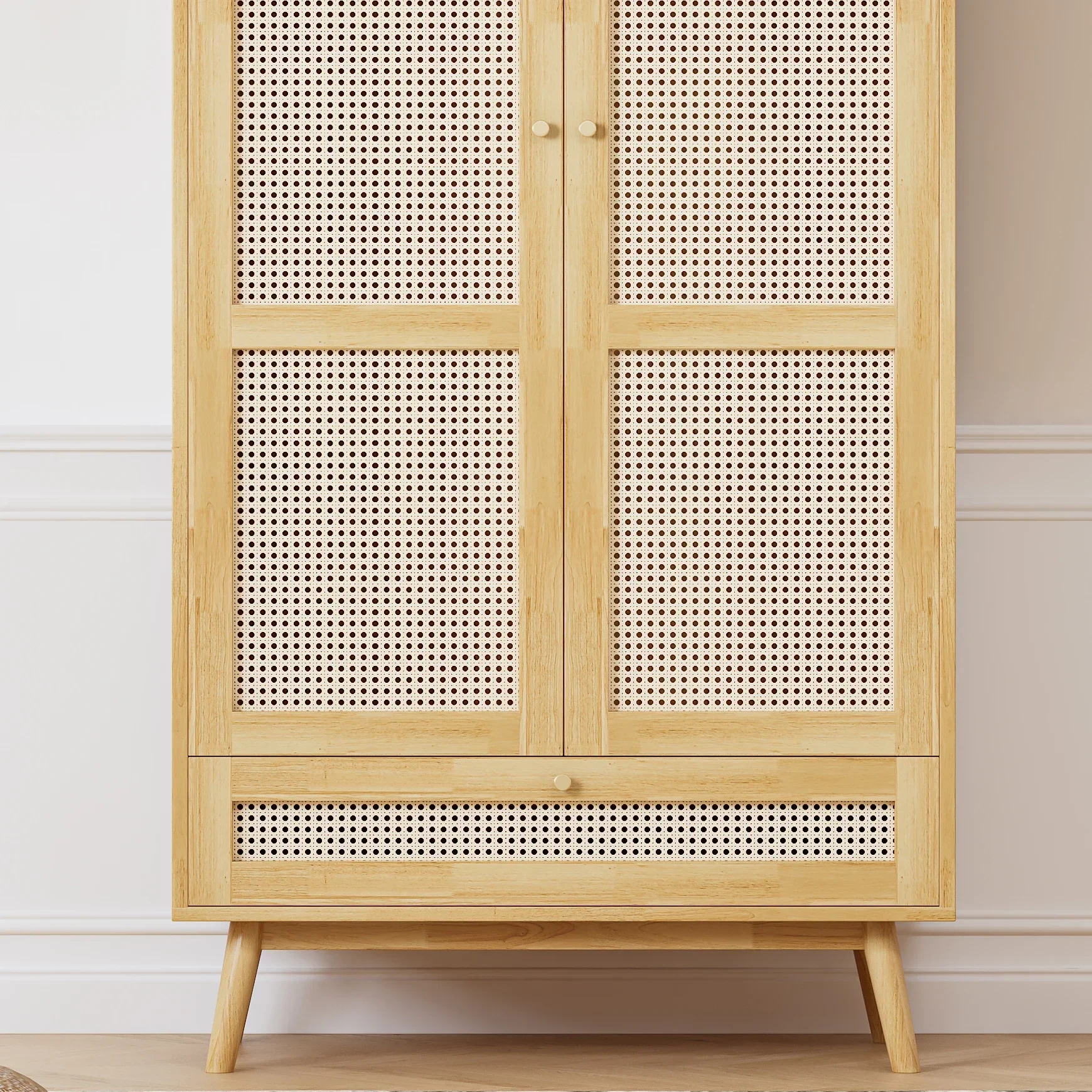 Kleiderschrank mit Stange, 2-türiger Kleiderschrank, Schlafzimmer, Rattansetz, Wohnzimmer, mit unterem Flip-Top-Deckel, Sperrholz + PE-Rattan, Natur – Detail 4