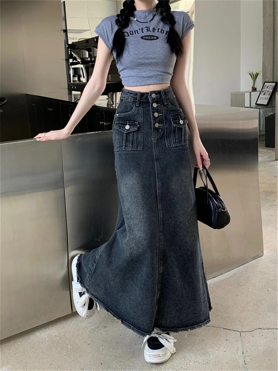 Jupe en jean boutonnée taille haute pour femmes printemps été nouveau Sle grande taille jupe parapluie longue trapèze tendance coton polyester...