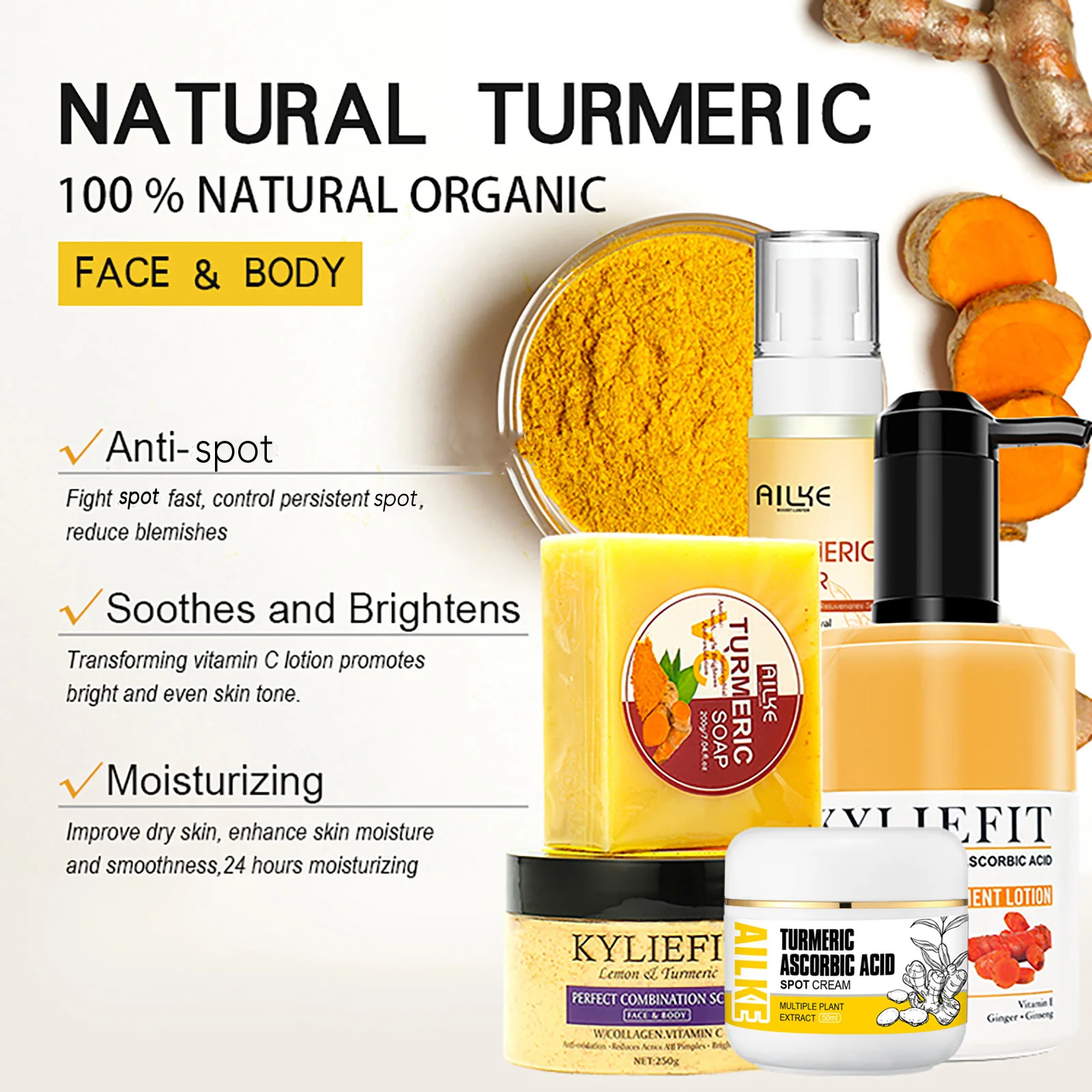 AILKE Organic Turmeric Skin Care Set, Reduce Acne, Brighten, Cleaning Skin, Exfoliation, UnEven Skin Tone, Improve Rough Skin