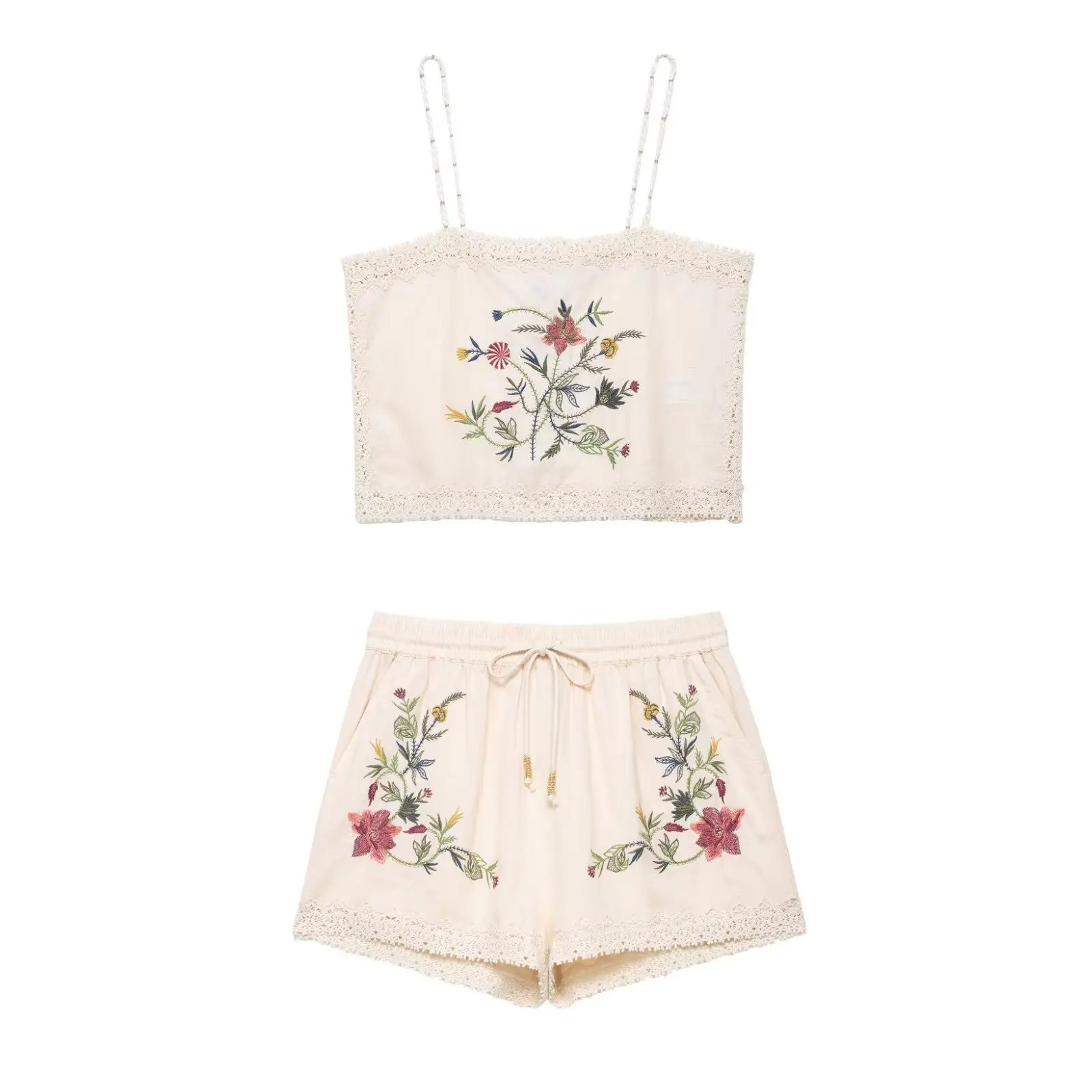

MYST&ZA2025 summer new women's casual fashion retro flower embroidered lace camisole top with versatile mid-waist shorts