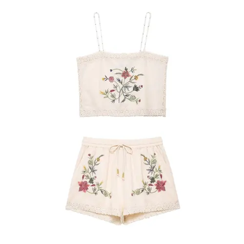 Imagen 1 del producto NOVEDAD DE VERANO 2025, camisola de encaje bordado con flores retro a la moda informal para mujer con pantalones cortos versátiles de cintura media