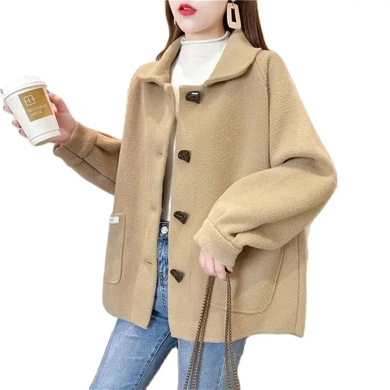 

New Style In Autumn Winter Korean Version Double Faced Loose Coat Women Fashion Square Neck Horn Buckle Jacket Female Short Woo