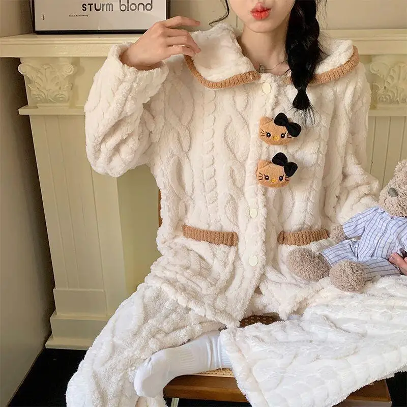 Sanrio hello kitty coral velo pijamas para mulheres bonito dos desenhos animados flanela grossa quente manga comprida casa terno conjunto outono inverno