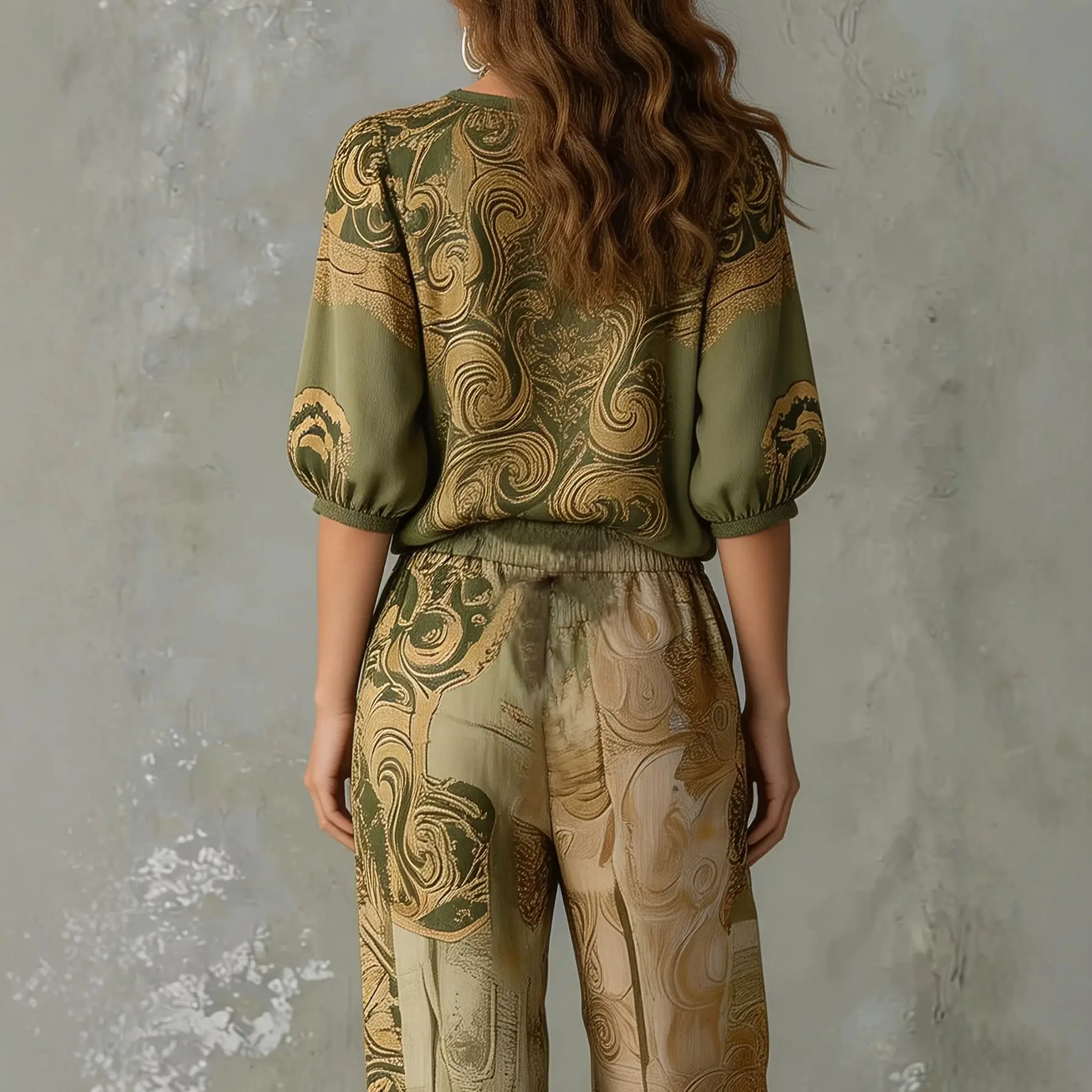 

Vintage Boho Printed Two-piece Set Women's Fashion V-neck Loose Short Sleeved Top and High Waist Harem Pants Ladies Streetwear