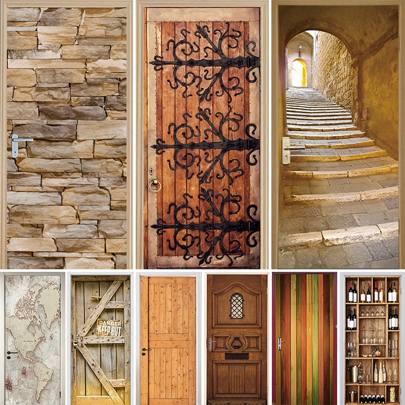 Multi-style Retro Door Stickers Removable Waterproof PVC Stickers DIY Living Room and Bedroom Decoration Materials