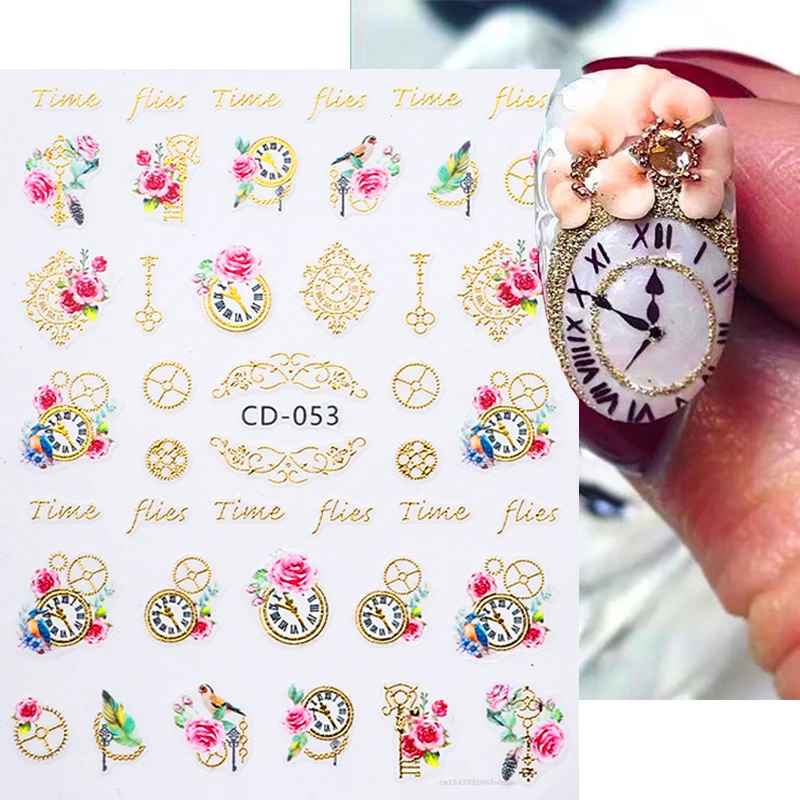 

3D Spring Floral Stickers for Nails Decals Vintage Clock Bird Rose Flowers Decoration Golden Butterflies Nail Art Sliders