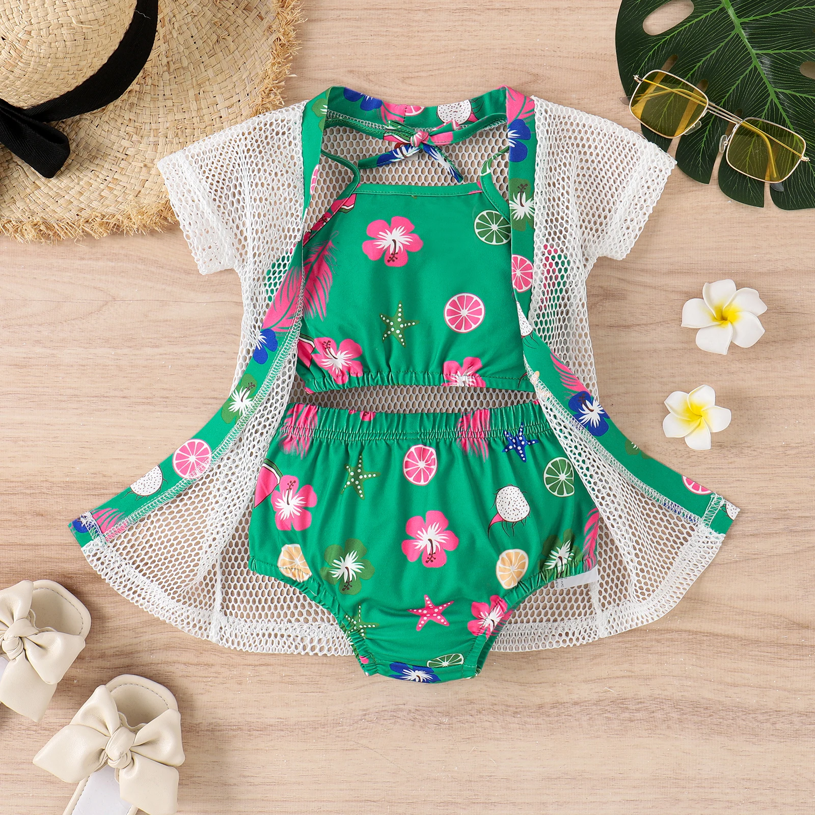 3PCS Summer Baby Girls 0-5 Years Old Soft And Comfortable Beautiful Printed Swimsuit + White Mesh Coat