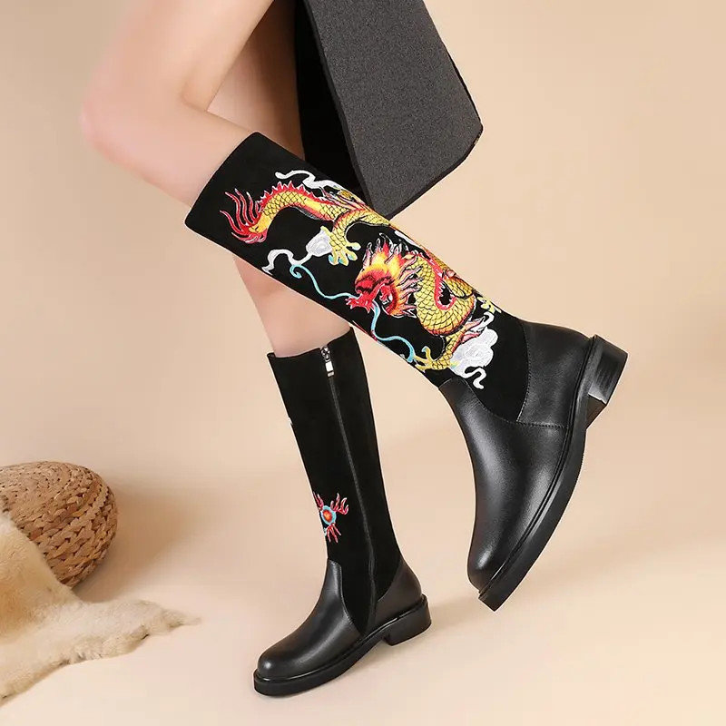 ASUMER Plus Size 33-43 New Knee High Boots Women Genuine Leather Zipper Ladies Shoes Embroidery Handmade Retro Long Boots