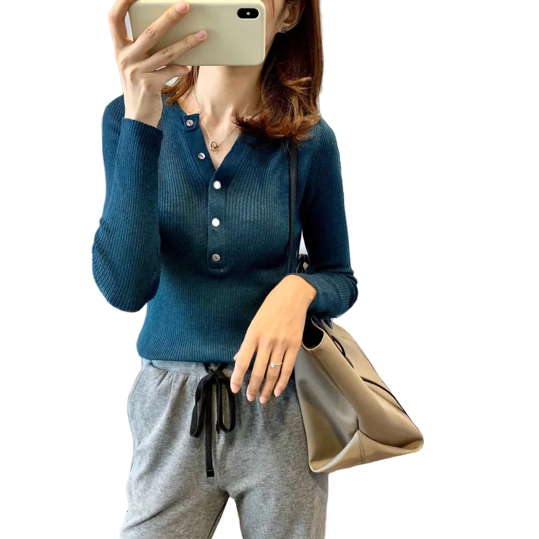 Light Weight Knitted Henley Sweater Women Wool Blended Ribbed Pullover Tops