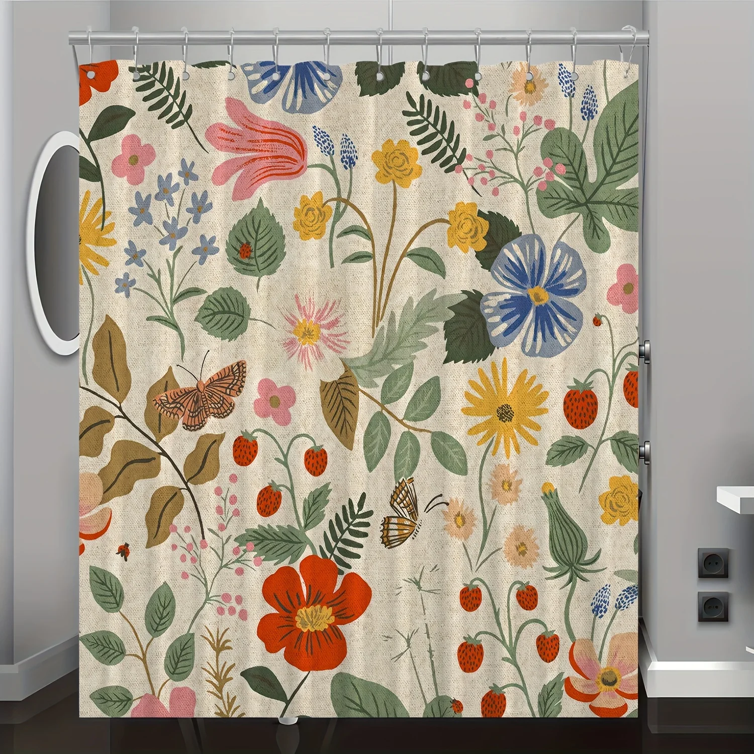 

1 Vintage Floral Shower Curtain - Colorful floral and butterfly pattern, machine washable polyester, hooks included