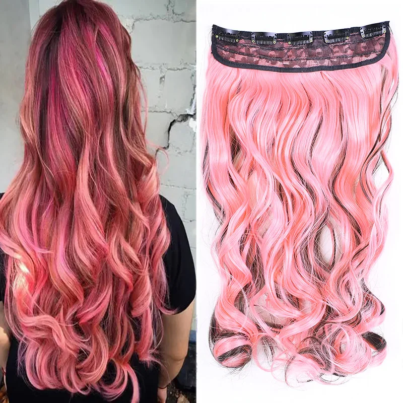 Jeedou Wavy Synthetic Hair One Piece 5Clips Clip in Hair Extension Pink Red Purple Highlighted Piano Color Hairpiece