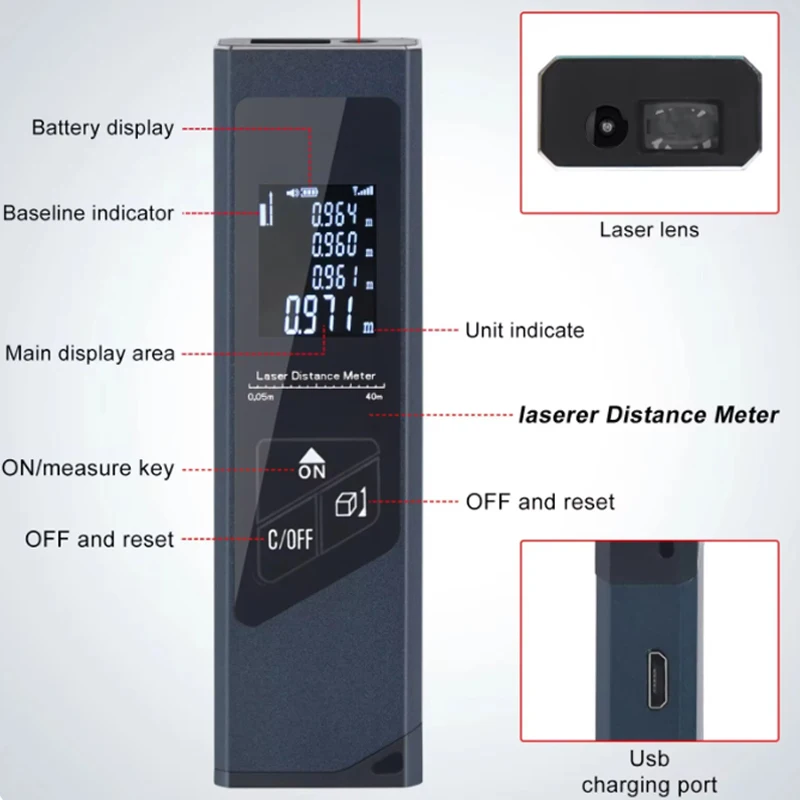 미니 레이저 거리계 디지털 줄자 레이저 눈금자, USB 충전, 알루미늄 합금 동체, 휴대용 디지털 레이저 거리 계량기