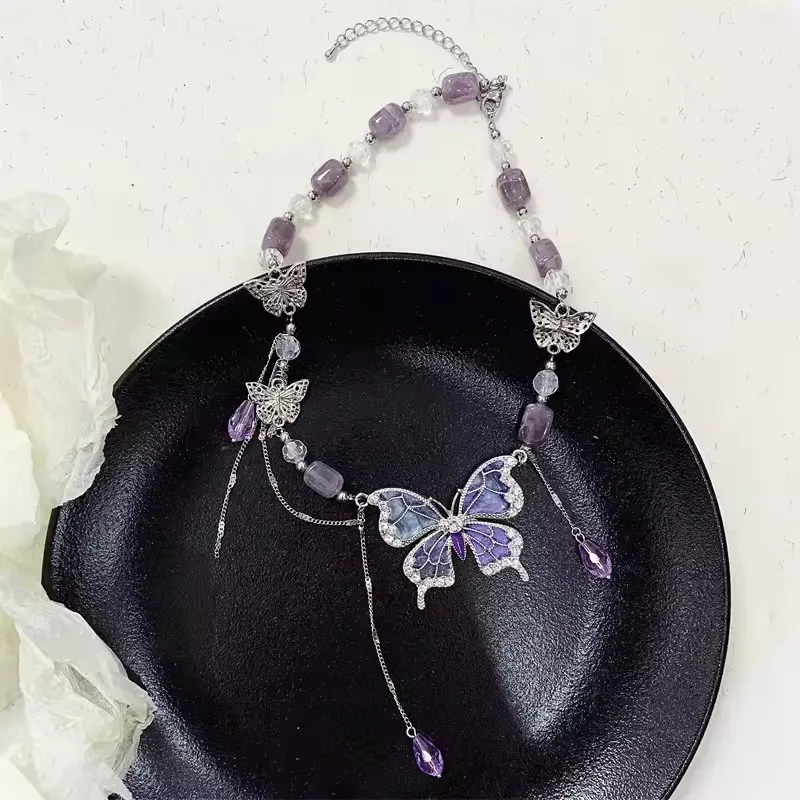 Gothic Y2K Purple Crystal Butterfly Tassels Choker Necklace For Women Fashion Punk Sweet Vintage Collares Jewelry Decoration