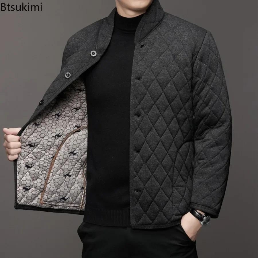 Men's Autumn Winter Stand Collar Parka Jacket Quilted Cotton Padded Lamb Fleece Coats Button Cardigan Thicken Warm Casual Jacket